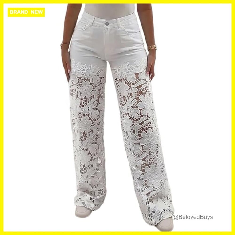 High Waist Wide Leg Jeans with Lace Spliced Design and Pockets